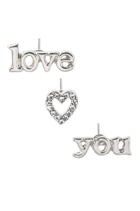 Set 3 cercei minimal, cu mesaj "love you", inimioara si cristale, Argintiu