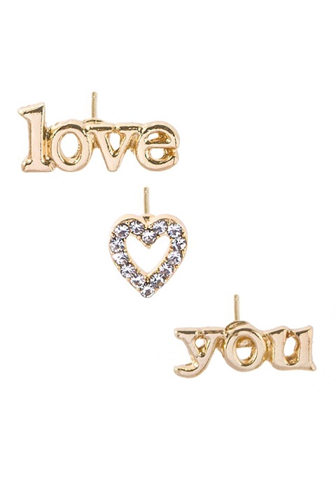 Set 3 cercei minimal, cu mesaj "love you", inimioara si cristale, Auriu