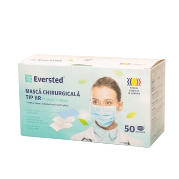 Set masti chirurgicale, Eversted, BFE>98, tip IIR, Albastru, 3 straturi, 50 bucati Set masti chirurgicale, Eversted, BFE>98, tip IIR, Albastru, 3 straturi, 50 bucati