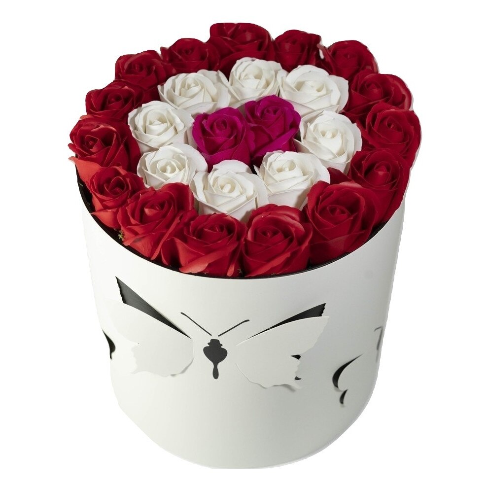 Aranjament cu 25 trandafiri de sapun Rosu, Alb, Roz