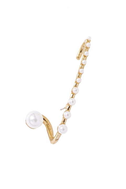 Cercel Ear cuff elegant, tija lunga cu carlig, decorata cu perlute, Auriu, Urechea stanga