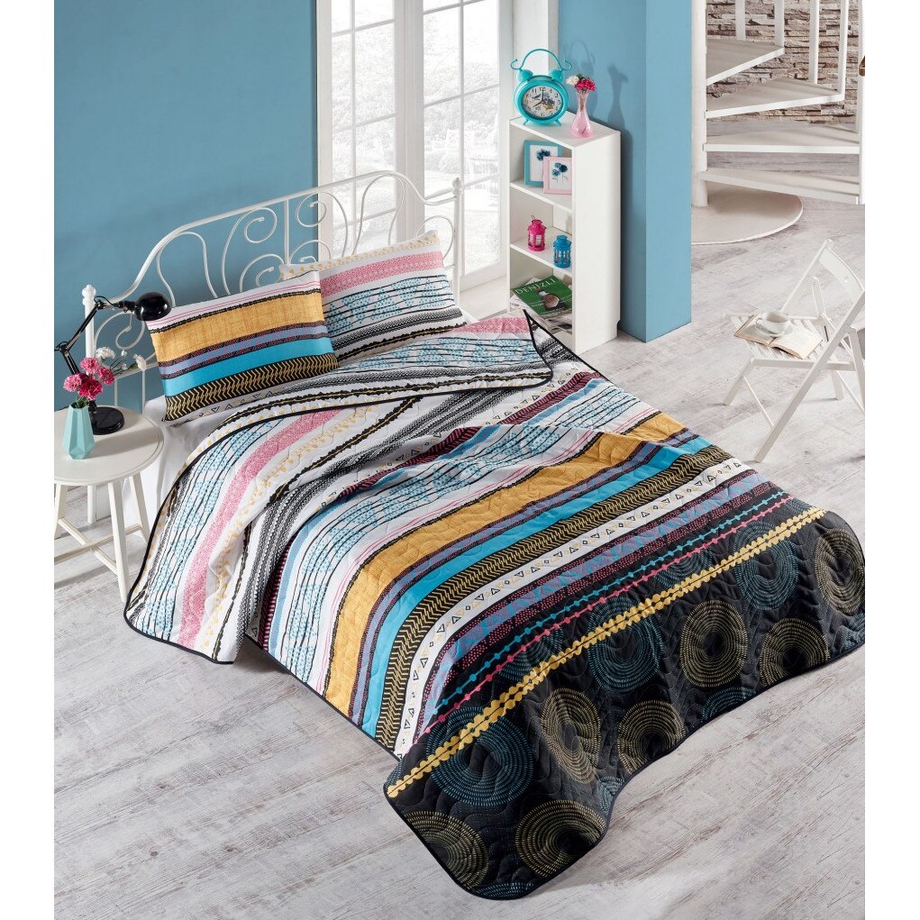 Cuvertura matlasata 200x220 cm + 2 fete perna 50x70 cm, Eponj Home, Efried Mustar