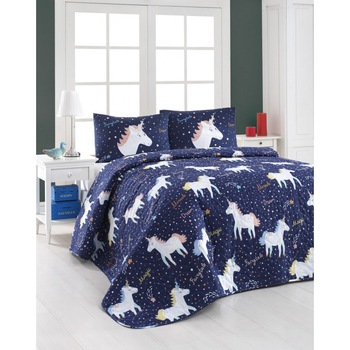 Cuvertura matlasata 200x220 cm + 2 fete perna 50x70 cm, Eponj Home, Magic Unicorn - Dark Blue Cuvertura matlasata 200x220 cm + 2 fete perna 50x70 cm, Eponj Home, Magic Unicorn - Dark Blue