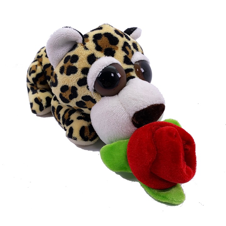 Jucarie leopard, Russ Berrie, Plus, Valentine Leopard cu trandafir, 24 cm, Maro