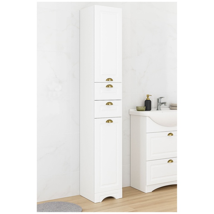 Dulap baie Badenmob seria 172, 2 rafturi, 2 sertare, MDF, PAL, 180x35x31.6 cm, Alb rustic