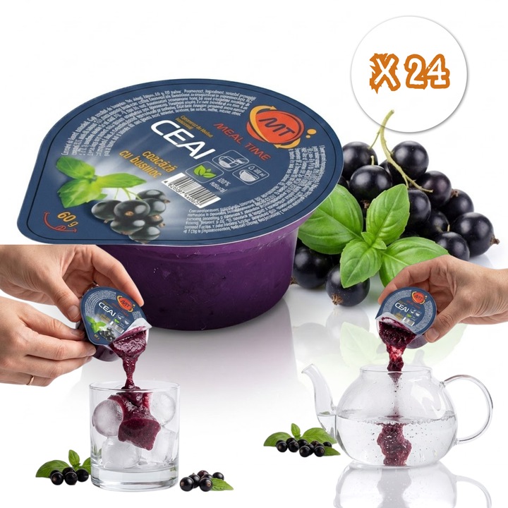 Ceai capsule din coacaza cu busuioc, preparare fara aparat, Meal Time®, 60 g, set 24 capsule, consum cald sau rece, ideal pentru birou sau calatorii