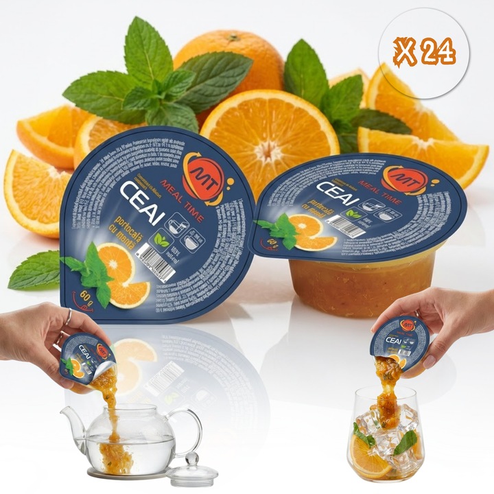 Ceai capsule din portocala cu menta, preparare fara aparat, Meal Time®, 60 g, set 24 capsule, consum cald sau rece, ideal pentru birou sau calatorii