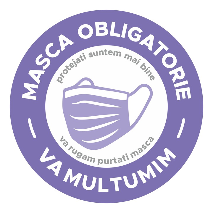 Autocolant Info distantare Covid-19, "Masca Obligatorie", cerc, alb-mov, 20 x 20 cm