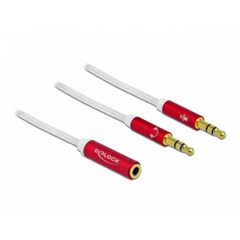 Adaptor Jack 3.5 mm la 2 x Jack Stereo pentru casca + microfon M-T (ctia pin assignment) 1m Alb, Delock 66524 Adaptor Jack 3.5 mm la 2 x Jack Stereo pentru casca + microfon M-T (ctia pin assignment) 1m Alb, Delock 66524