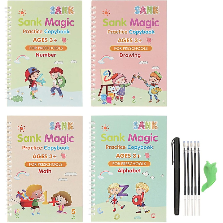 Iskolaszerek 4 munkafüzettel Sank Magic copybook, varázstollal történő íráshoz és rajzoláshoz, sokszínű