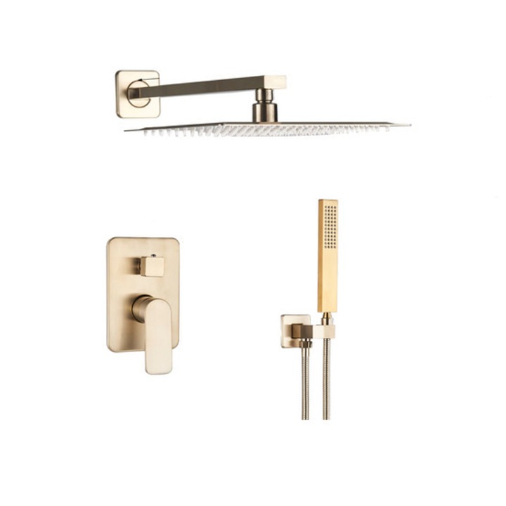 Set de dus auriu tip ploaie cu montare pe perete cu palarie de dus patrata 30 cm