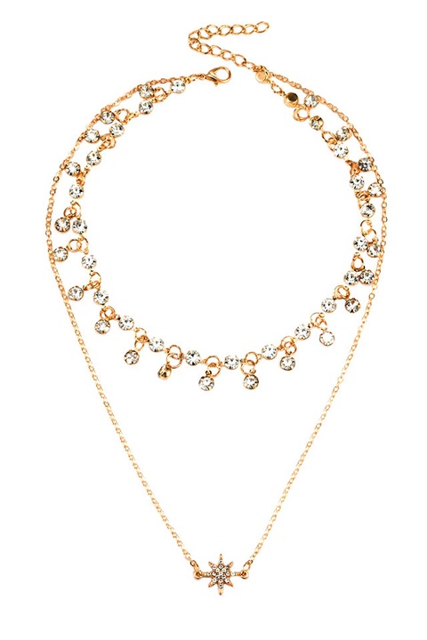 Colier Multilayer dublu, lantisoare cu cristale in suport metalic si steluta, Auriu