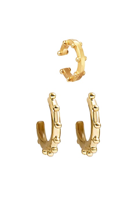 Set Elegant de cercei si ear cuff, verigute cu bilute metalice, Auriu, Urechea stanga sau dreapta