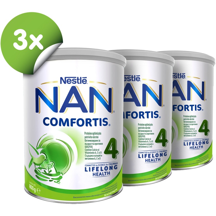 Pachet lapte praf Nestle NAN 4 Comfortis, 3x800g, de la 2 ani