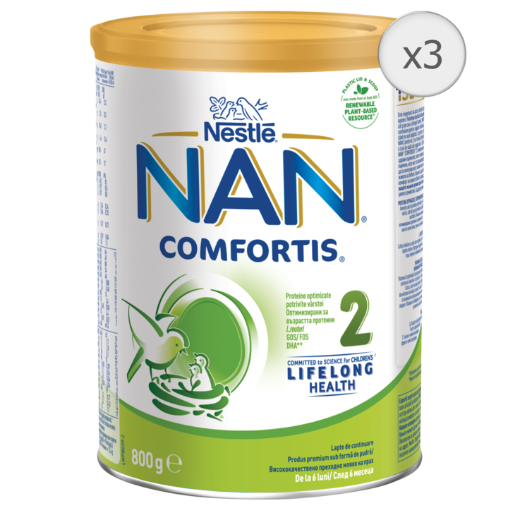 Pachet lapte praf Nestle NAN 2 Comfortis, 3x800 g, 6-12 luni