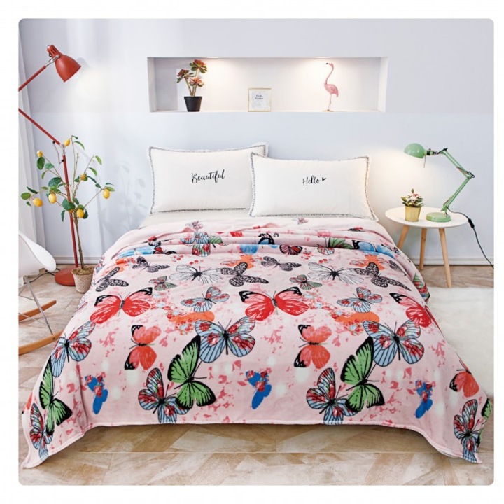 Пухкаво одеяло Cocolino, Двойно легло, 200x230 см, Розово с цветни пеперуди
