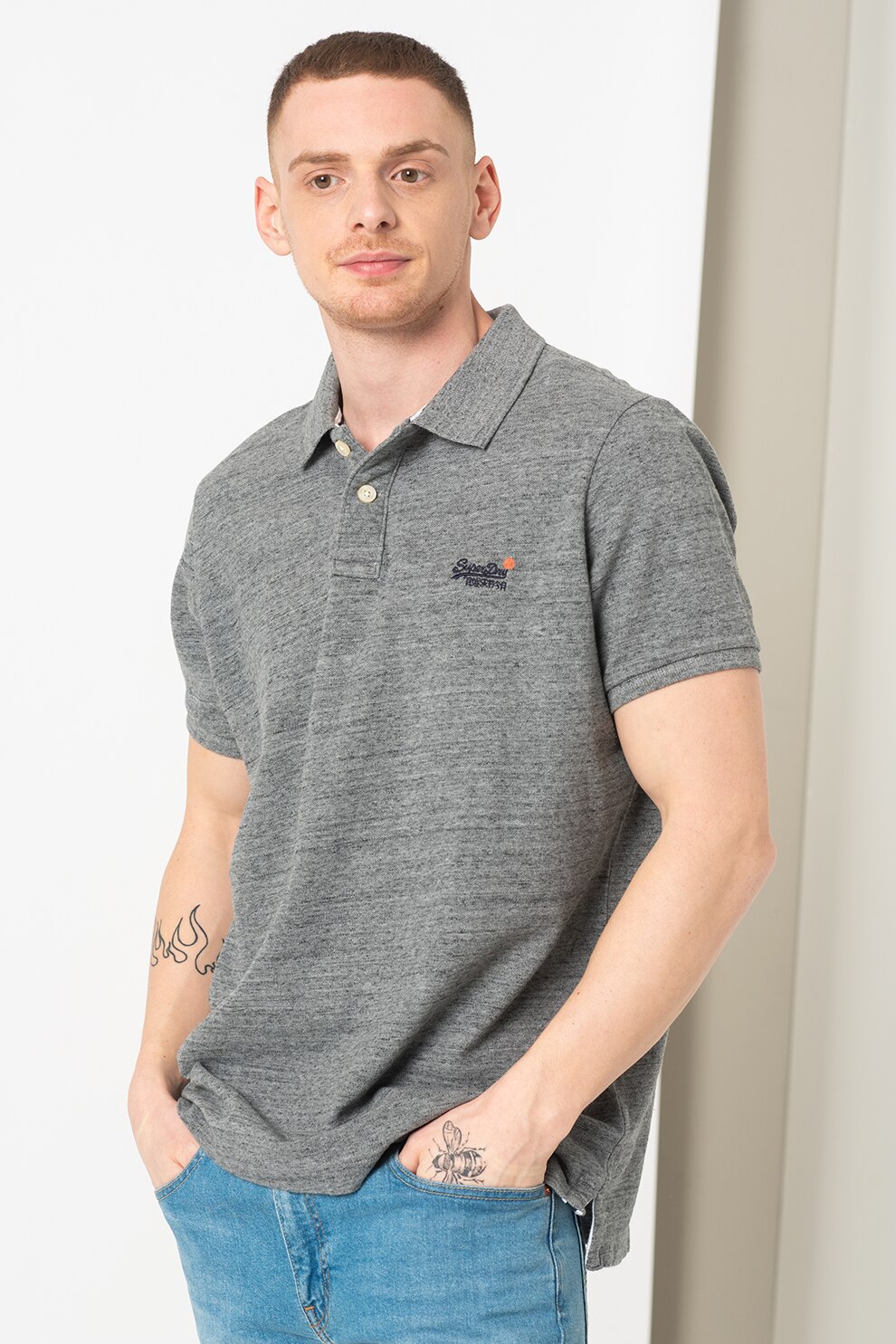 SUPERDRY, Tricou polo din pique Classic, Gri inchis melange, M