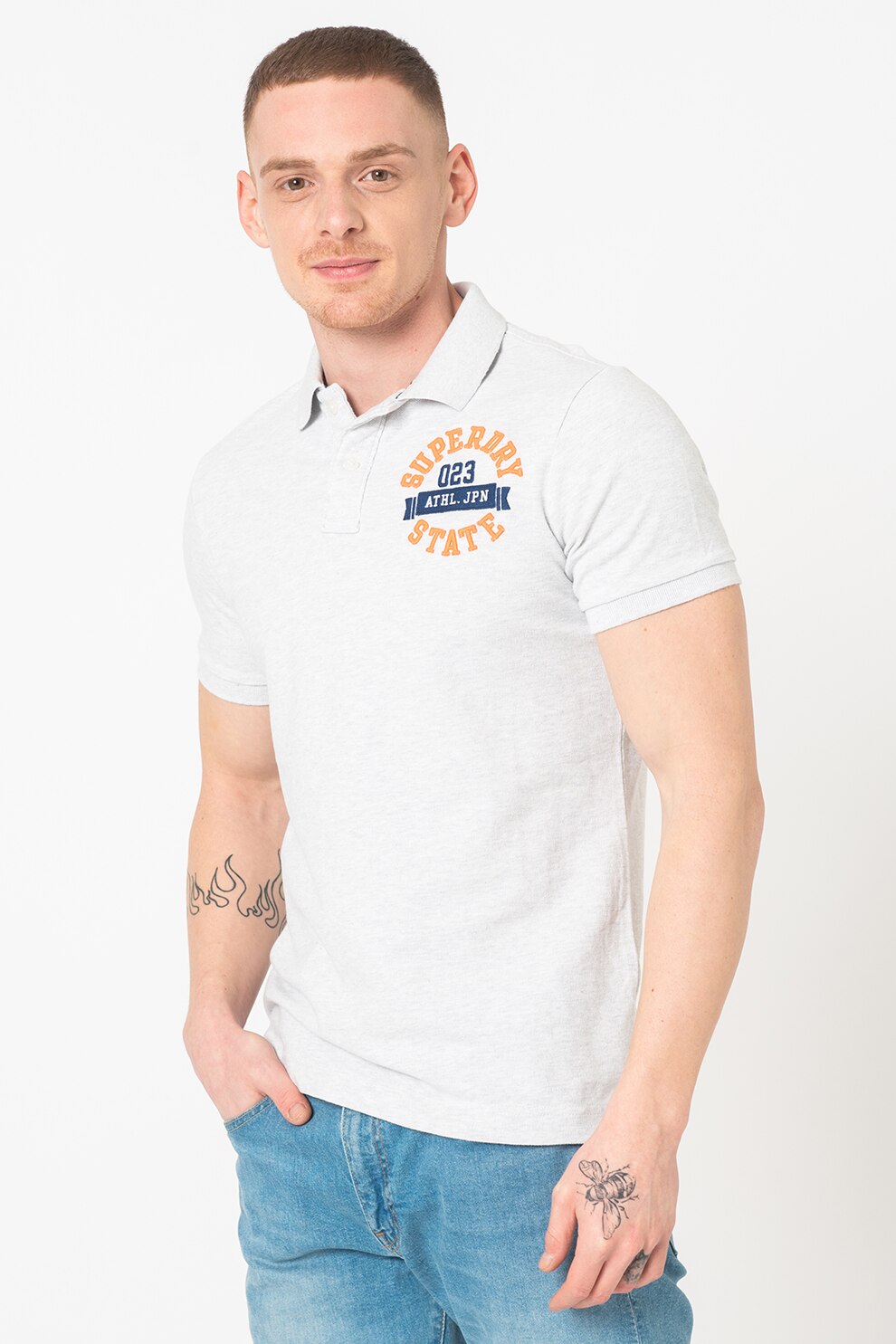 SUPERDRY, Tricou polo slim fit Classic Superstate, Gri deschis melange, oranj, bleumarin