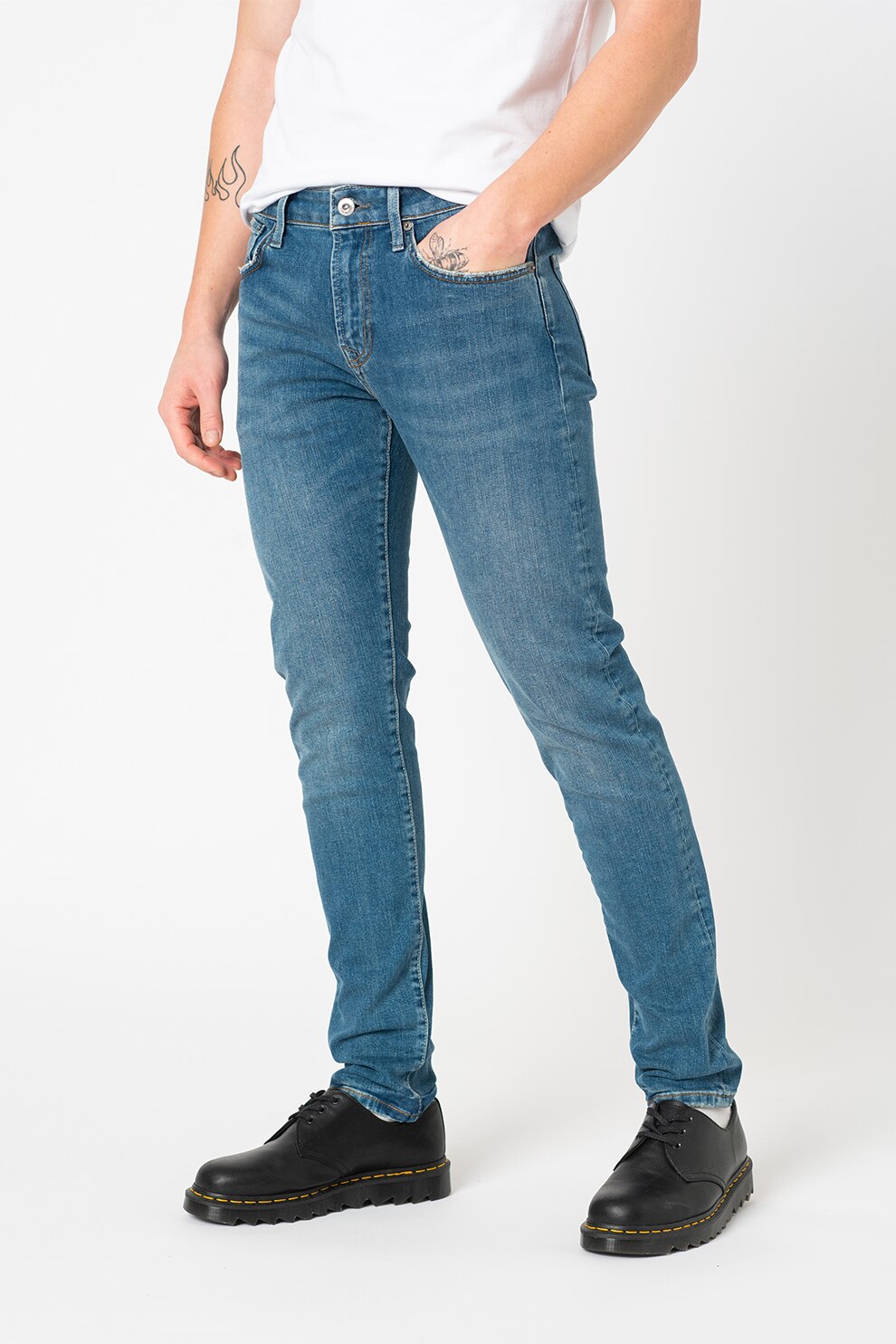 SUPERDRY, Blugi slim fit cu aspect decolorat, Albastru inchis