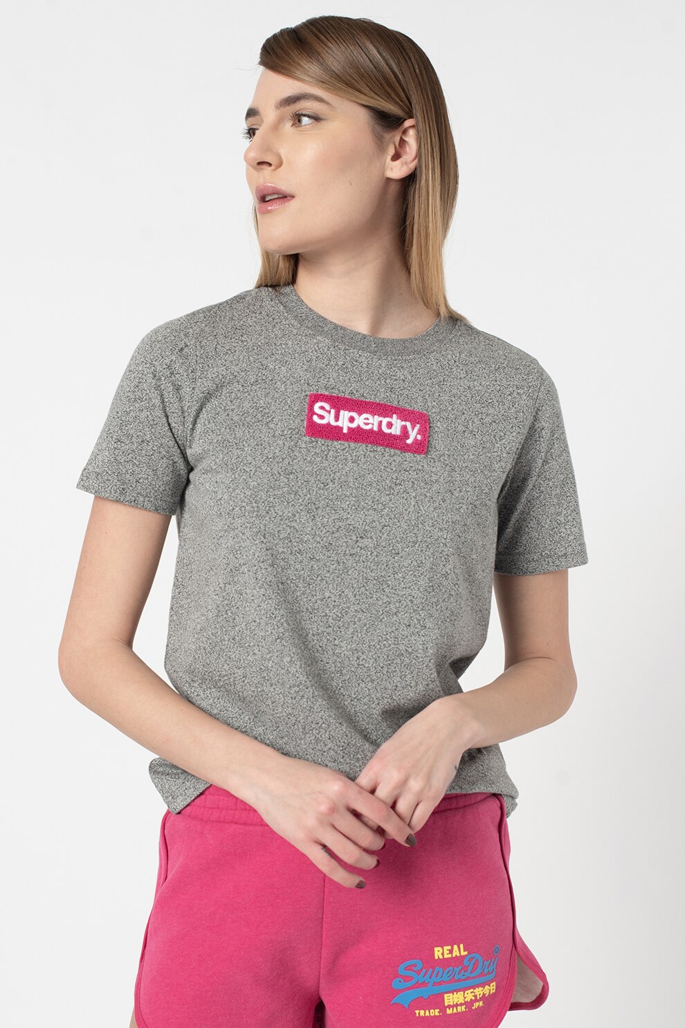 SUPERDRY, Tricou cu decolteu la baza gatului si broderie logo Workwear, Gri melange inchis/Fucsia