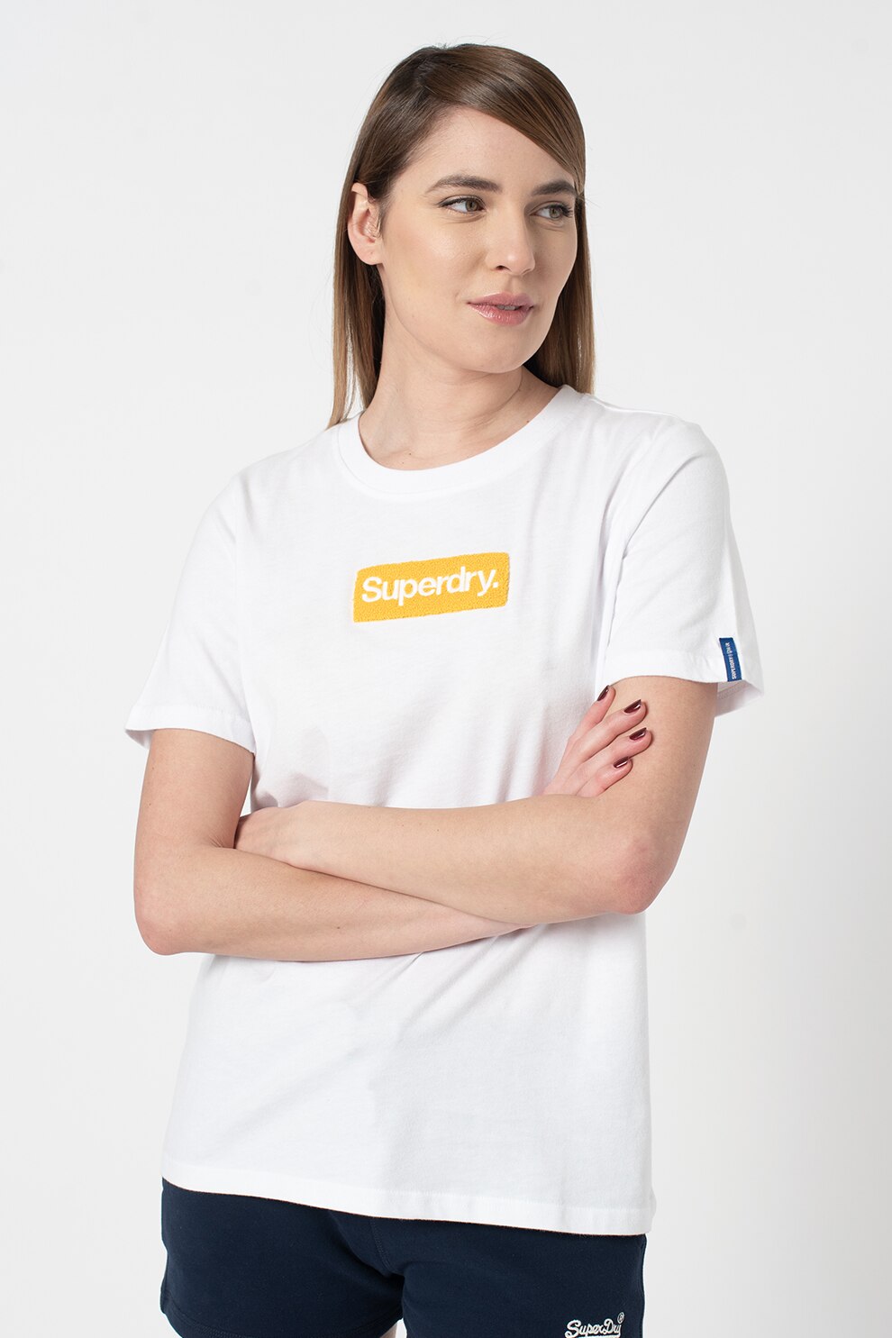 SUPERDRY, Tricou cu decolteu la baza gatului si broderie logo Workwear, Alb optic/Galben sofran