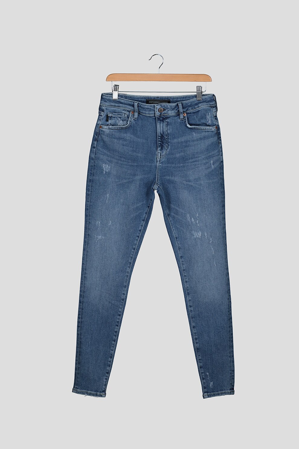 SUPERDRY, Blugi skinny cu talie inalta si detalii cu aspect deteriorat, Albastru, W26-L32