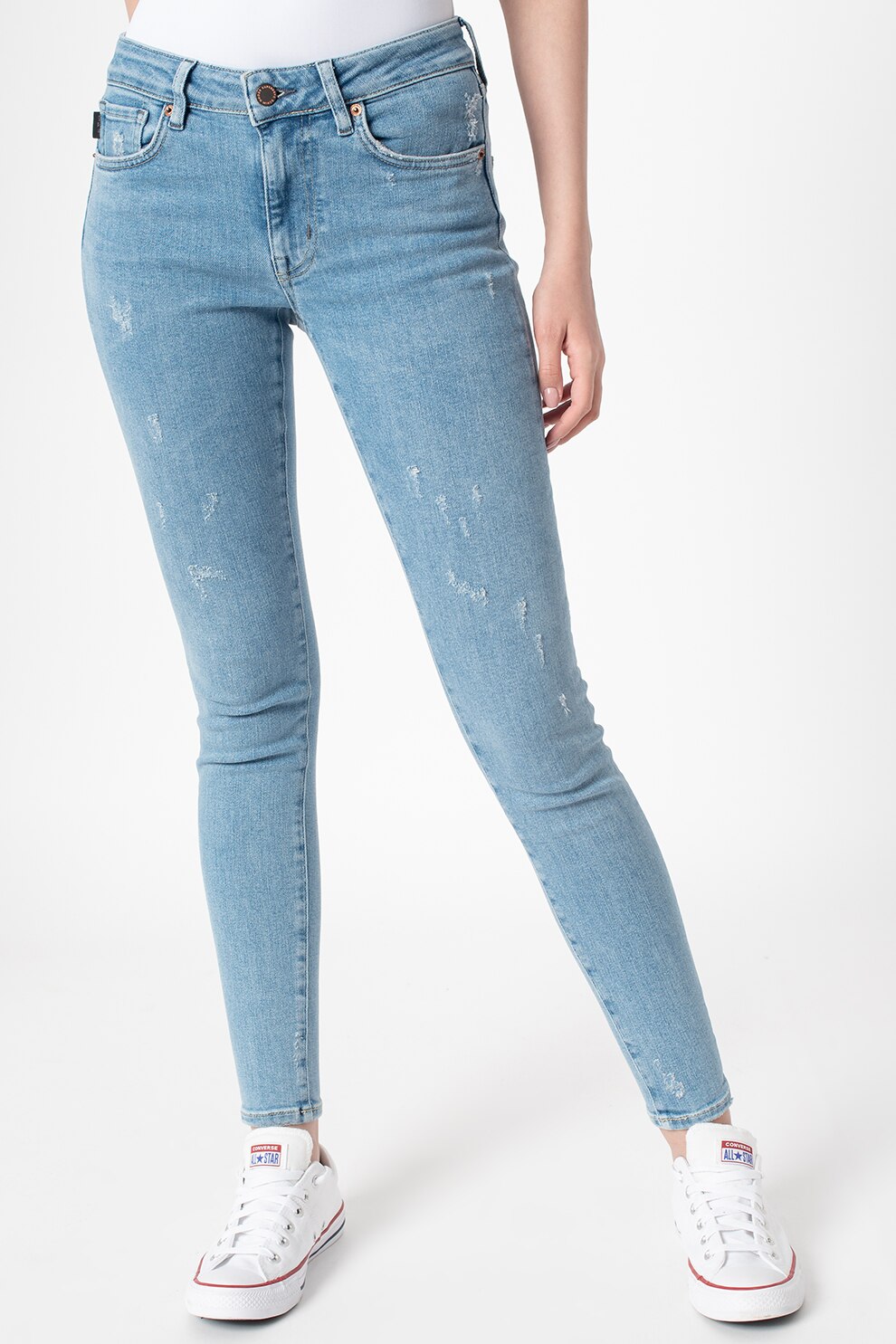 SUPERDRY, Blugi skinny cu talie medie si detalii cu aspect deteriorat, Albastru deschis