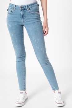 SUPERDRY, Blugi skinny cu talie medie si detalii cu aspect deteriorat, Albastru deschis SUPERDRY, Blugi skinny cu talie medie si detalii cu aspect deteriorat, Albastru deschis