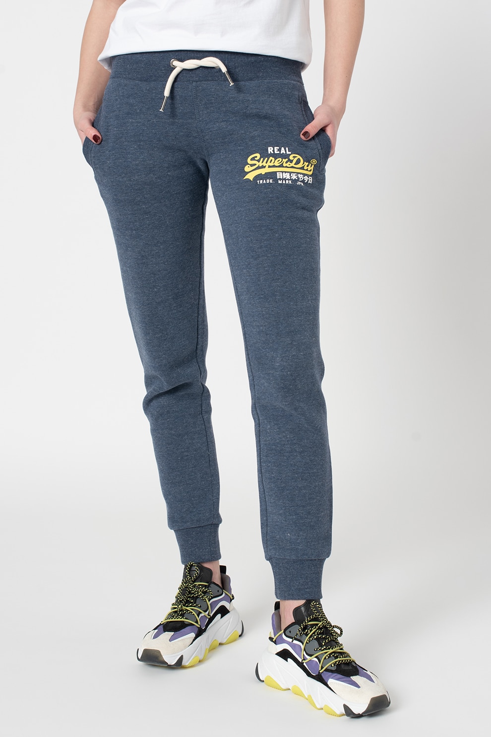 SUPERDRY, Pantaloni sport cu snur si logo, Bleumarin/Alb, L