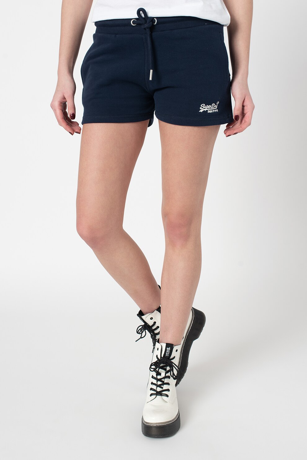 SUPERDRY, Pantaloni scurti din amestec de bumbac, cu snur, Bleumarin/Alb