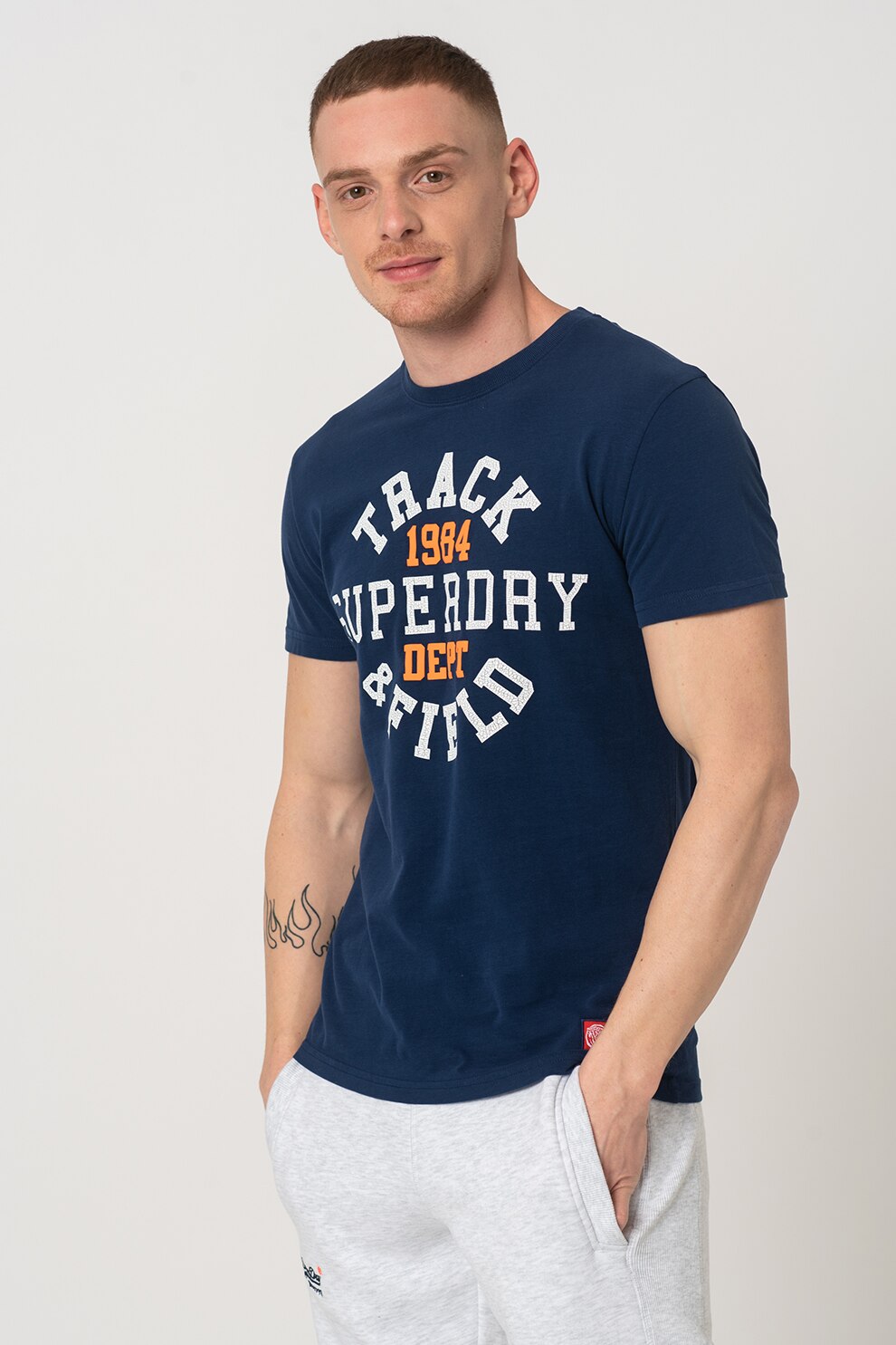 SUPERDRY, Tricou cu imprimeu logo Track&Field, Bleumarin/Oranj/Alb