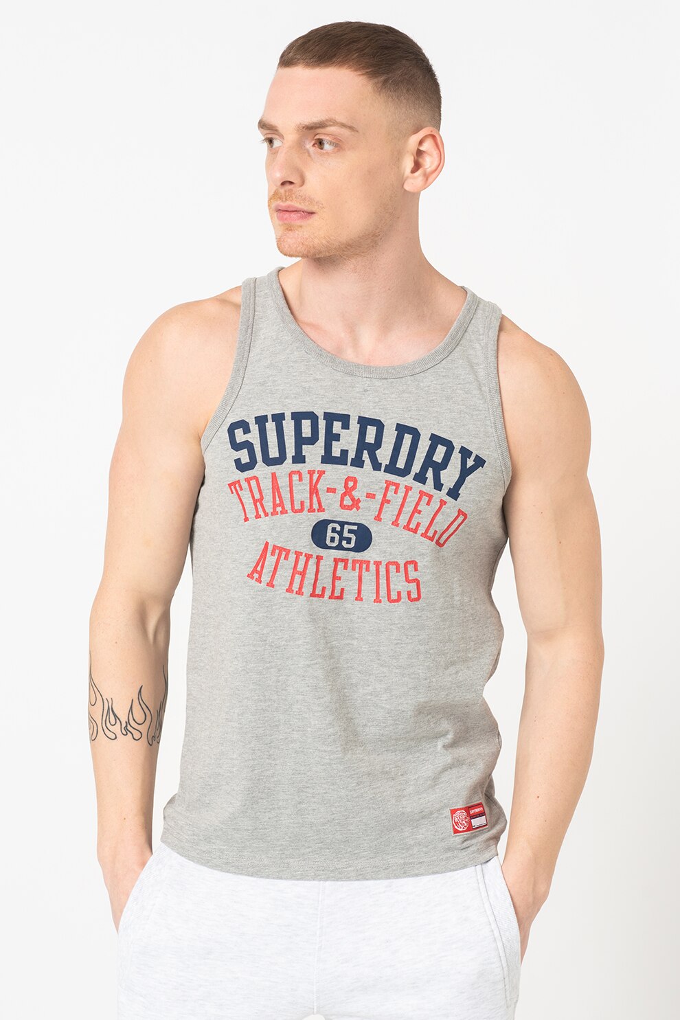 SUPERDRY, Top cu imprimeu logo Track And Field, Gri melange, bleumarin, rosu