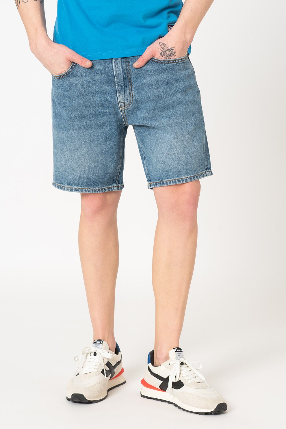 SUPERDRY, Bermude din denim Taper, Bleumarin/Alb prafuit