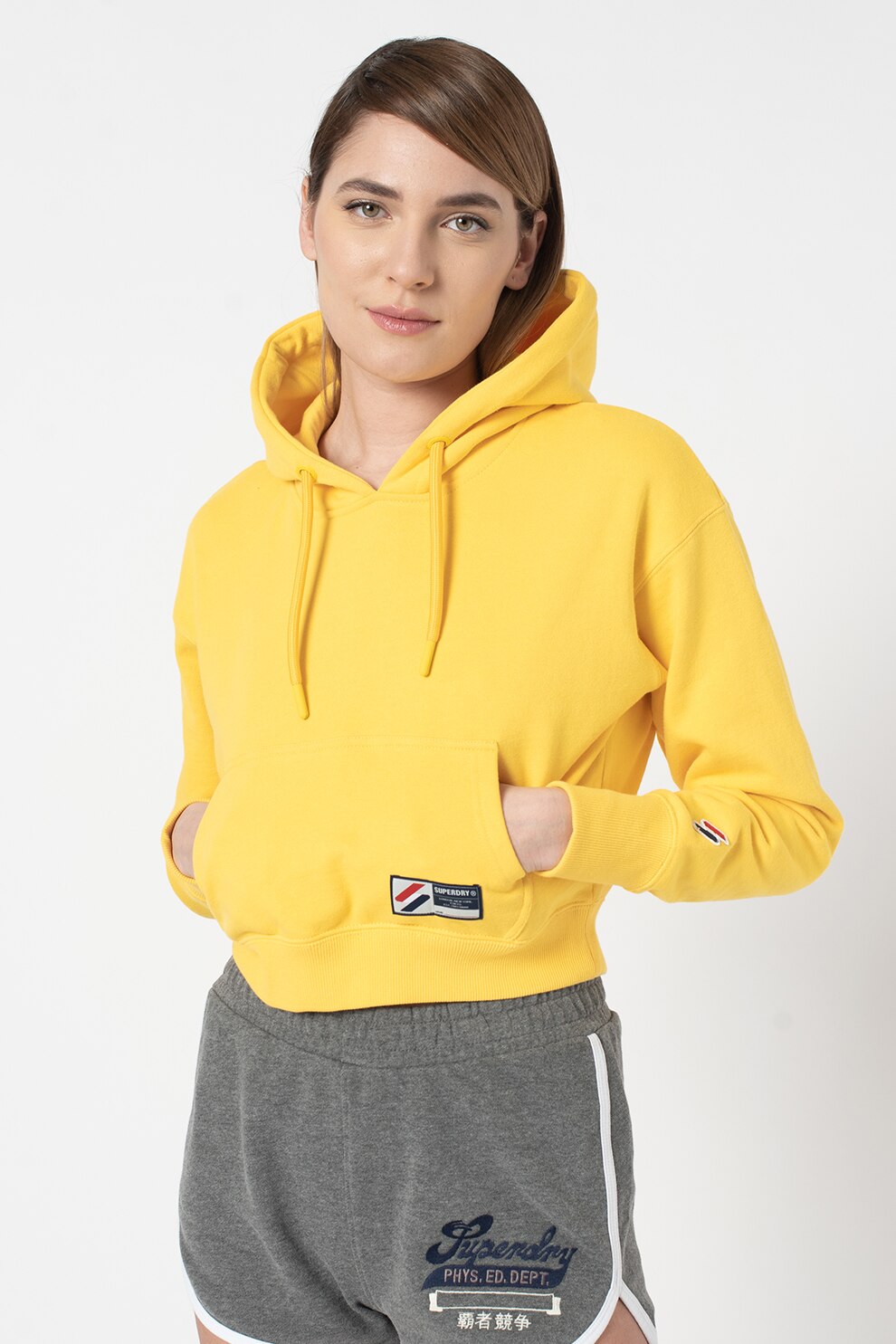 SUPERDRY, Hanorac cu maneci cazute si buzunar kangaroo, Galben/Bleumarin