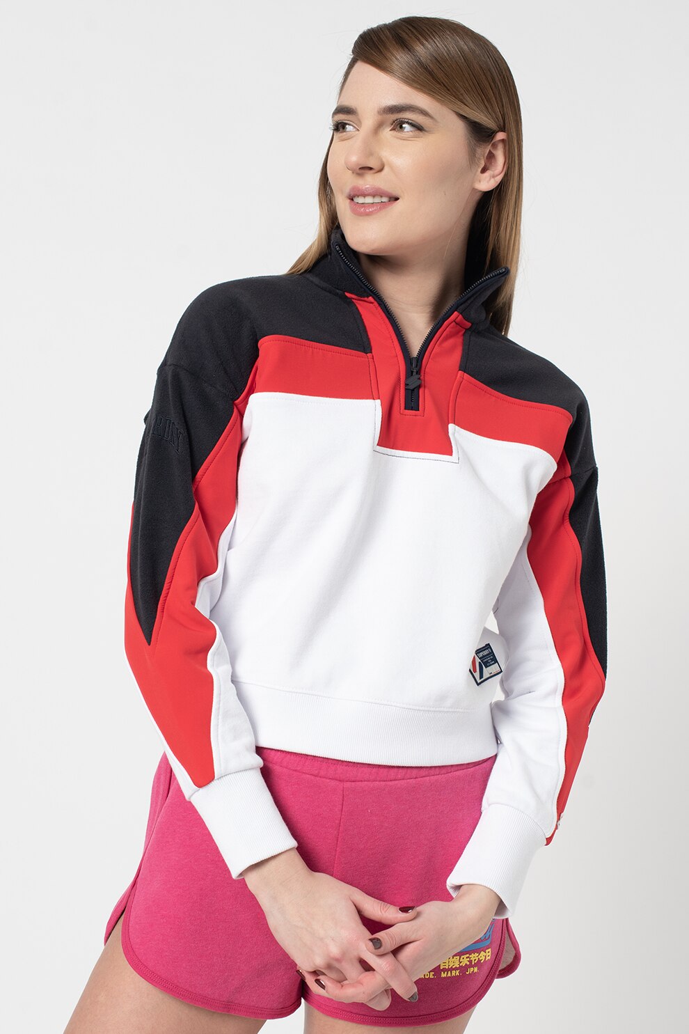 SUPERDRY, Bluza sport cu fenta cu fermoar, maneci dolman si insertii de fleece Sportslyle, Alb optic/Bleumarin inchis/Rosu