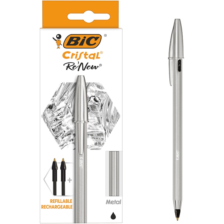 Bic Re'New kristály toll, 1,0 mm, fém test, doboz 1 toll és 2 tartalék, fekete