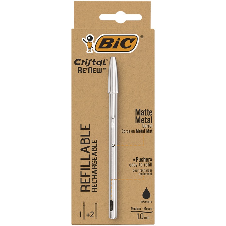 Химикалка BIC Cristal Re'New, 1.0 мм, Черен, Метален корпус, Кутия 1 химикалка и 2 резерви