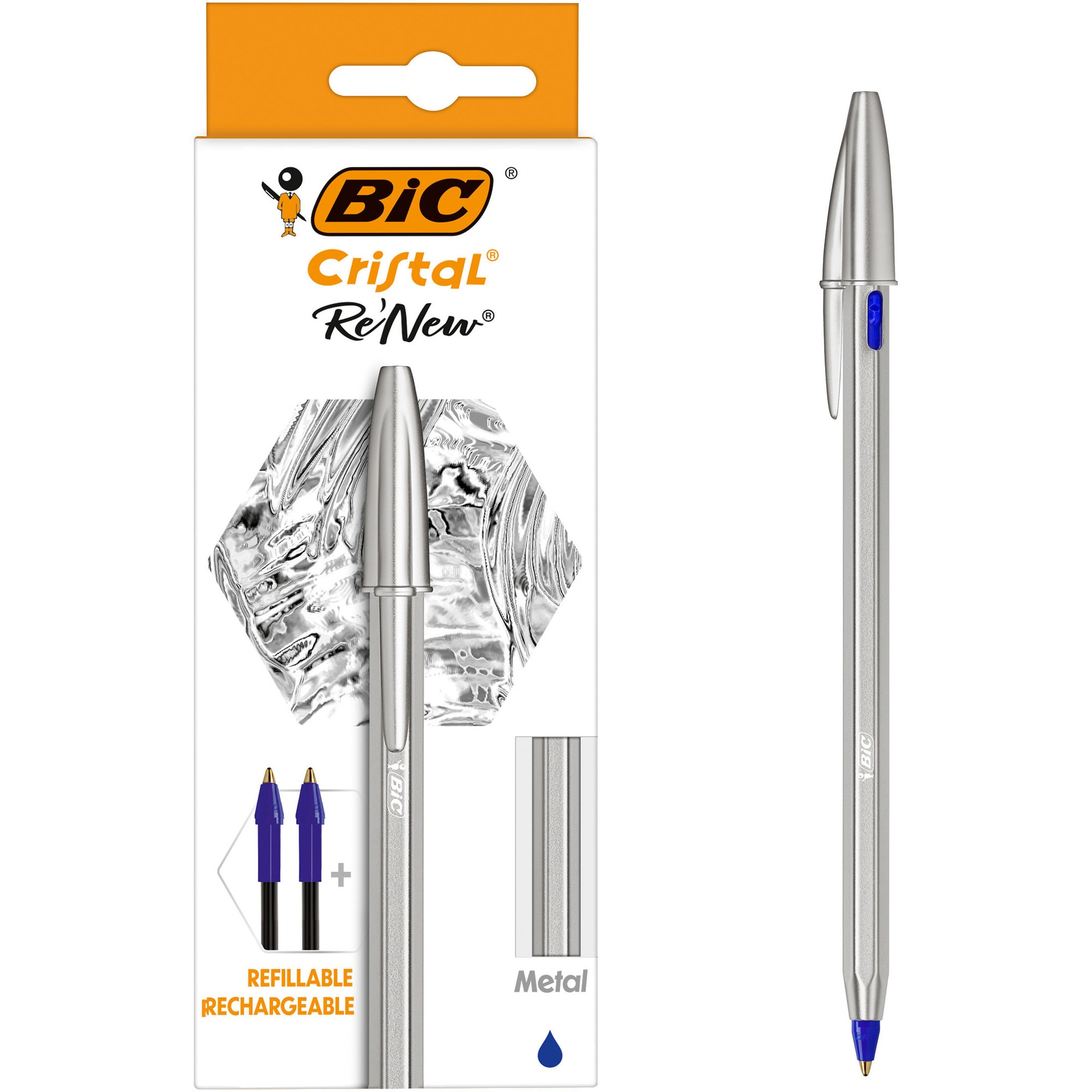 Pix BIC Cristal Re'New, 1.0 mm, albastru, corp din metal, cutie 1 pix si 2 rezerve