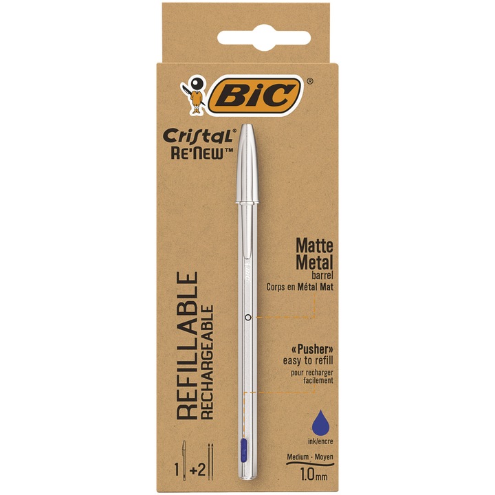 Химикалка BIC Cristal Re'New, 1.0 мм, Син, Метален корпус, Кутия 1 химикалка и 2 резерви