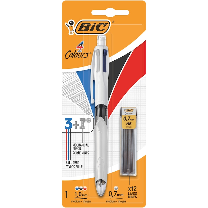 Химикалка BIC 4 Colours Multifunction 3+1HB, Прибираща се химикалка 1.0 мм и автоматичен молив 0.7 мм, Блистер 1 брой + 12 графита