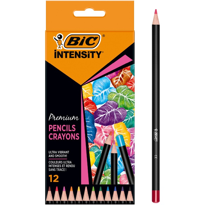 Creioane colorate din lemn BIC Intensity Premium, mina ultra-rezistenta, pachet 12 bucati