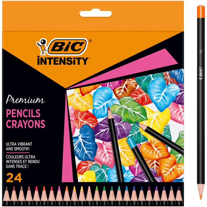 Creioane colorate din lemn BIC Intensity Premium, mina ultra-rezistenta, pachet 24 bucati