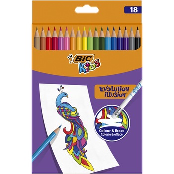 Creioane colorate BIC Kids Evolution Illusion, cu radiera, diverse culori, pachet 18 bucati Creioane colorate BIC Kids Evolution Illusion, cu radiera, diverse culori, pachet 18 bucati