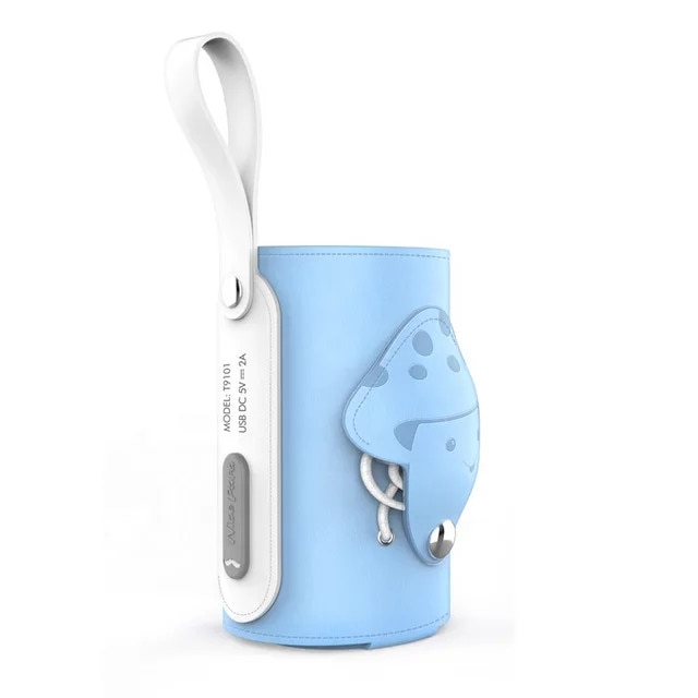 Incalzitor portabil tip husa cu cablu USB Lala KiDs din piele ecologica albastra , multifunctional , incalzeste pana la 45°C , potrivit pentru o gama larga de biberoane , indicator LED