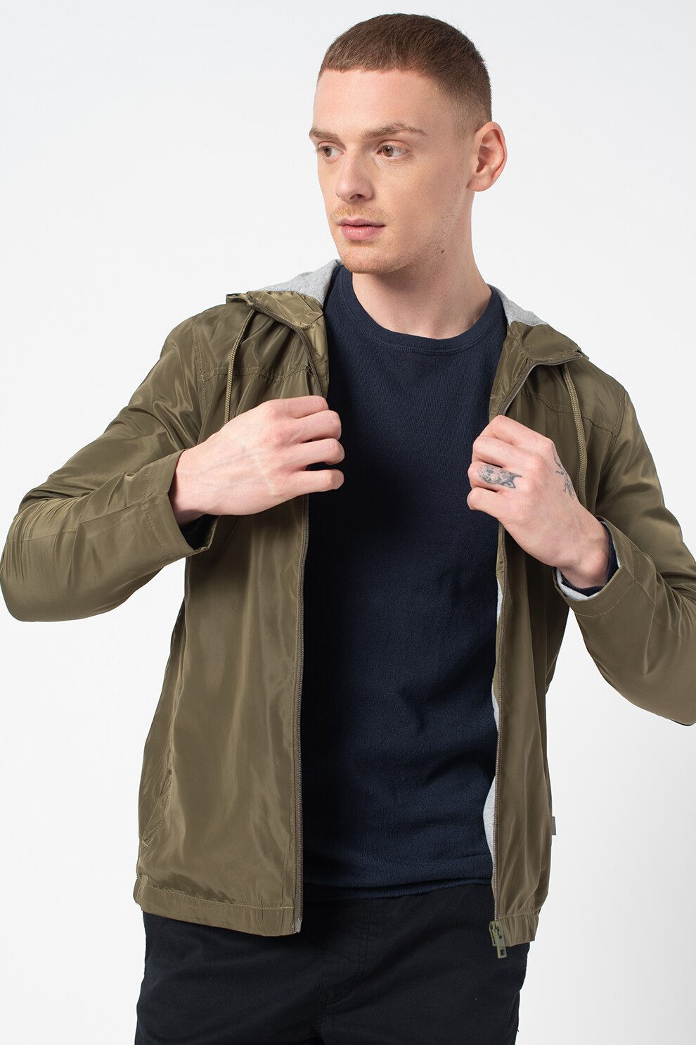 !Solid, Jacheta usoara cu gluga si fermoar Percy, Verde militar, XL