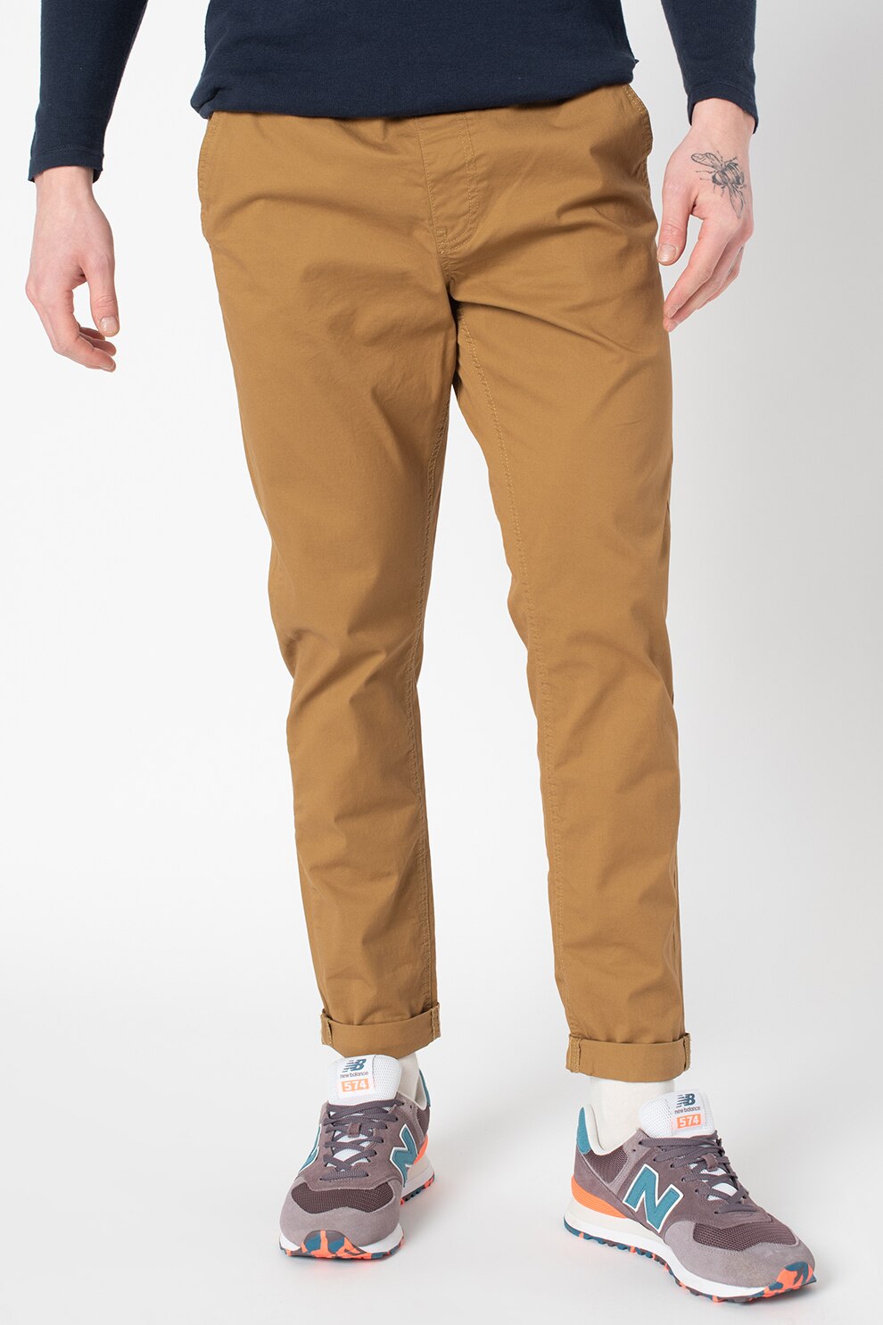 !Solid, Pantaloni slim fit cu snur in talie, Maro camel