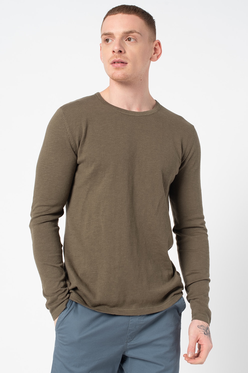 !Solid, Pulover tricotat fin cu decolteu la baza gatului Prime, Verde militar