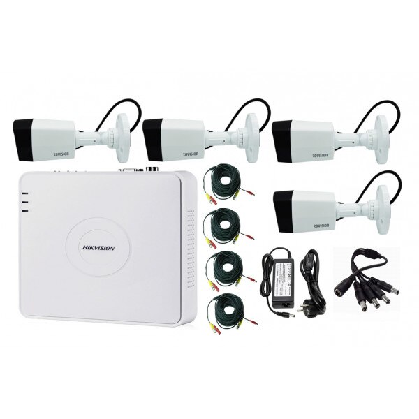 Kit 4 camere supraveghere 2MP, IR 20m, IP67 + DVR 4 canale 1080p HikVision + Sursa + Cablu sertizat + Splitter
