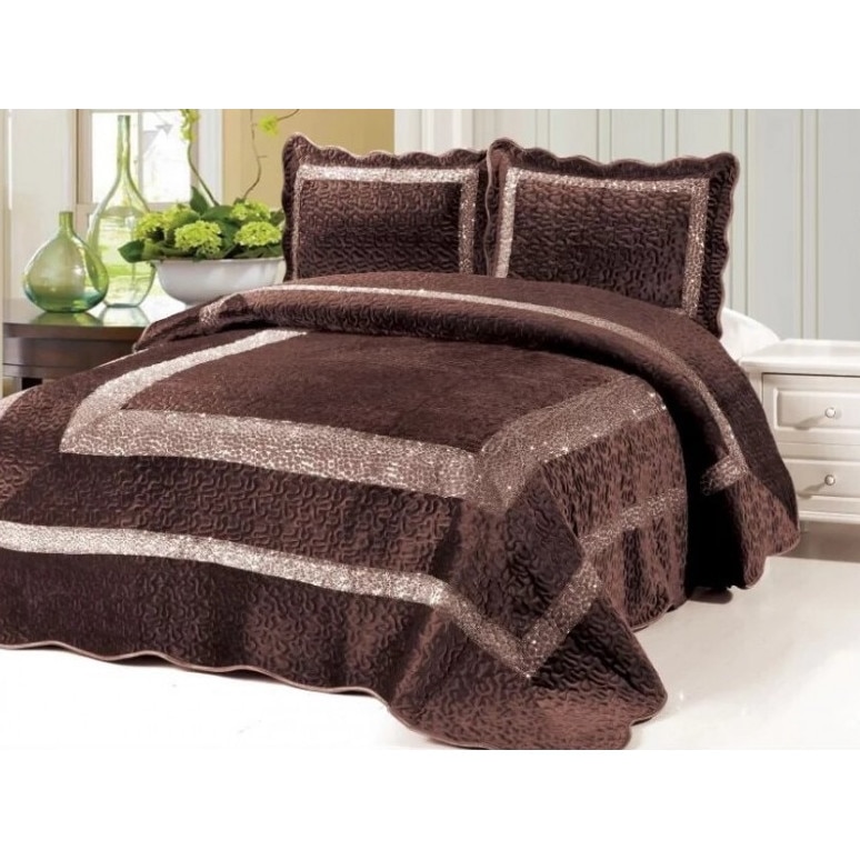 Cuvertura de Pat din Catifea + 2 Fete de Perna , Pat 2 Persoane , maro , model chenar