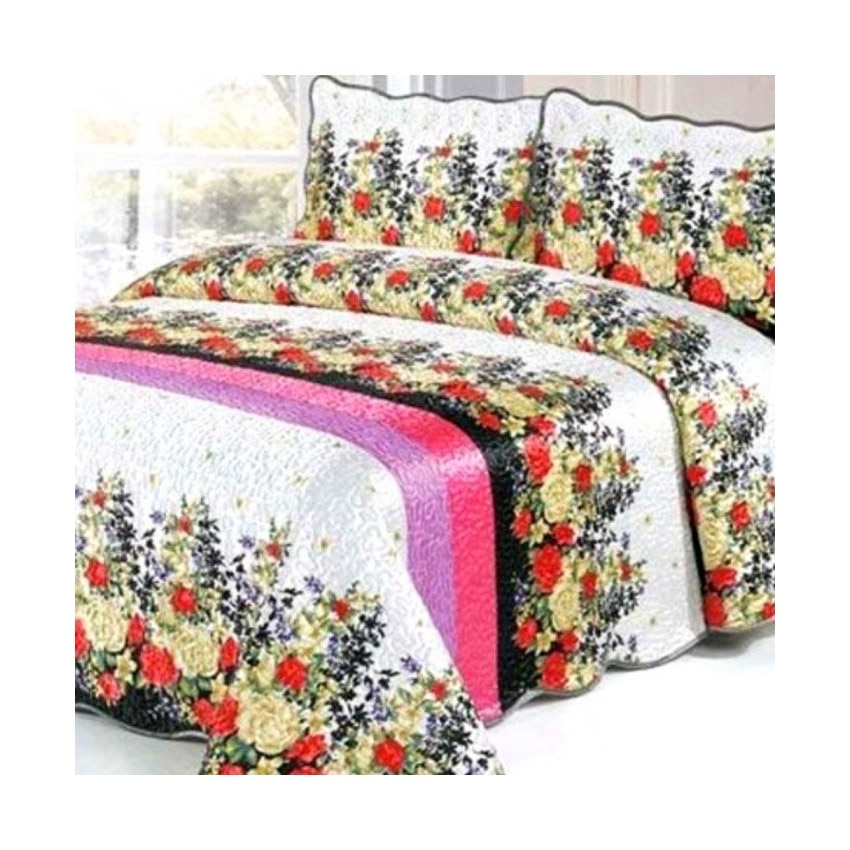 Cuvertura de Pat din Matase + 2 Fete de Perna, Pat 2 Persoane , culoare alb , model floral